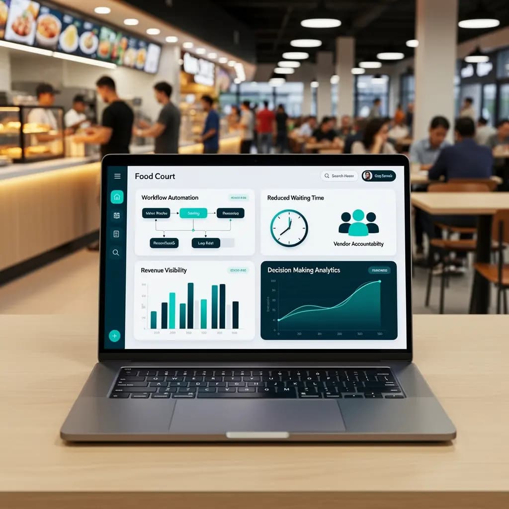 Food Court Management Software dashboard showing vendor management, POS billing, analytics, reporting and operational performance