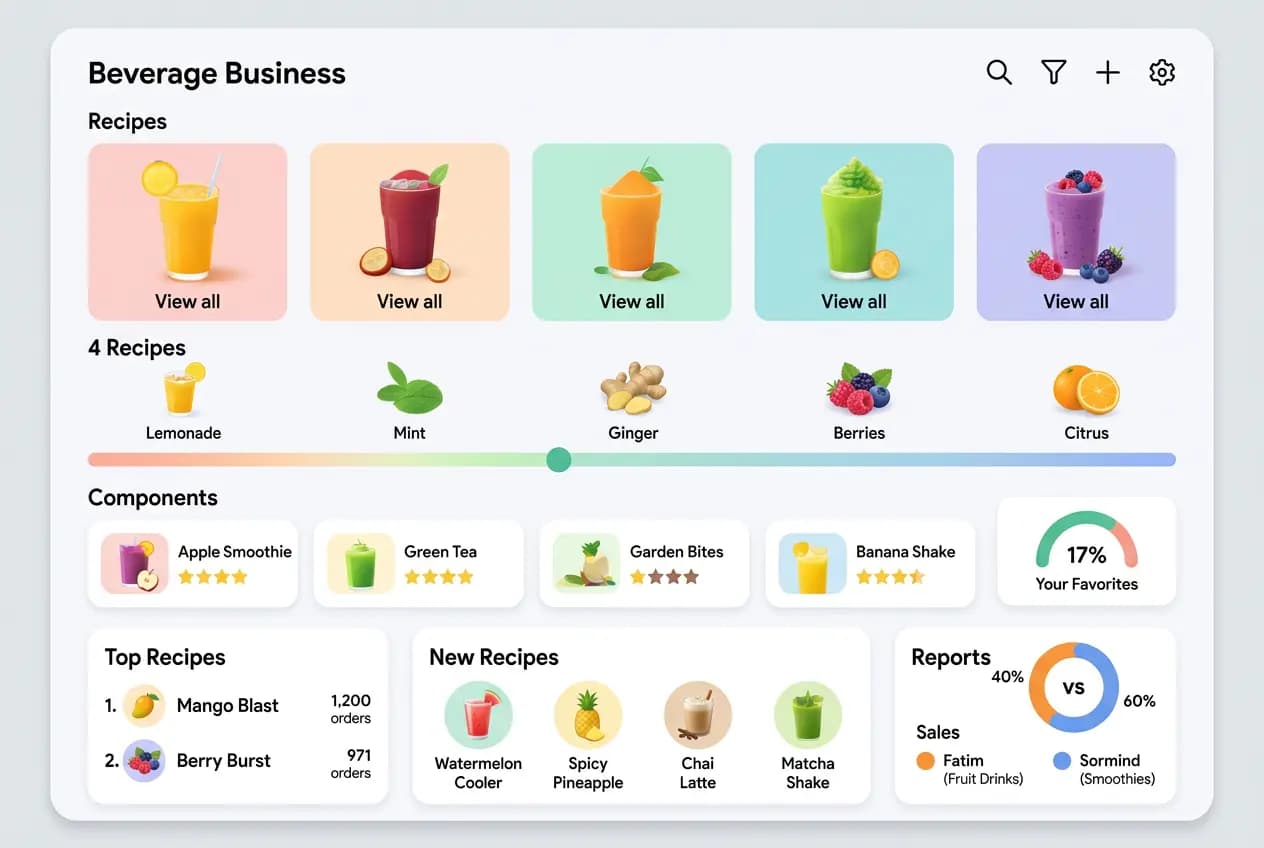 Juice beverage production workflow dashboard with recipe management and preparation process