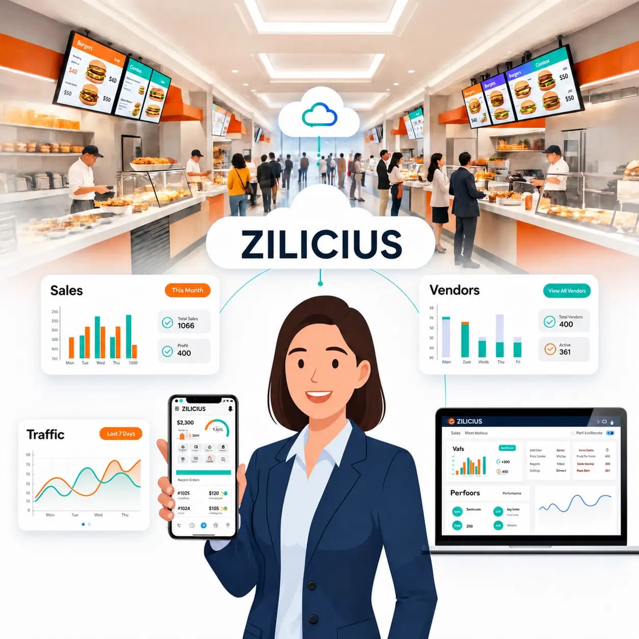 Real-time food court order management dashboard displaying customer orders from multiple vendors, order status, kitchen updates, and delivery progress to improve operational efficiency and customer satisfaction.