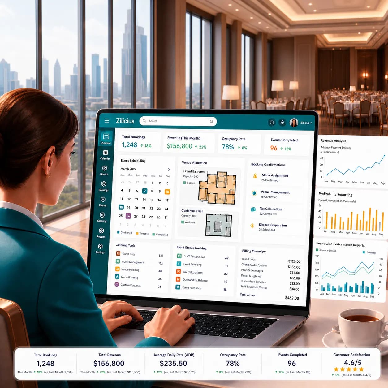 Hotel banquet and event management software dashboard showing event planning, catering management, banquet billing, resource allocation and event performance reporting