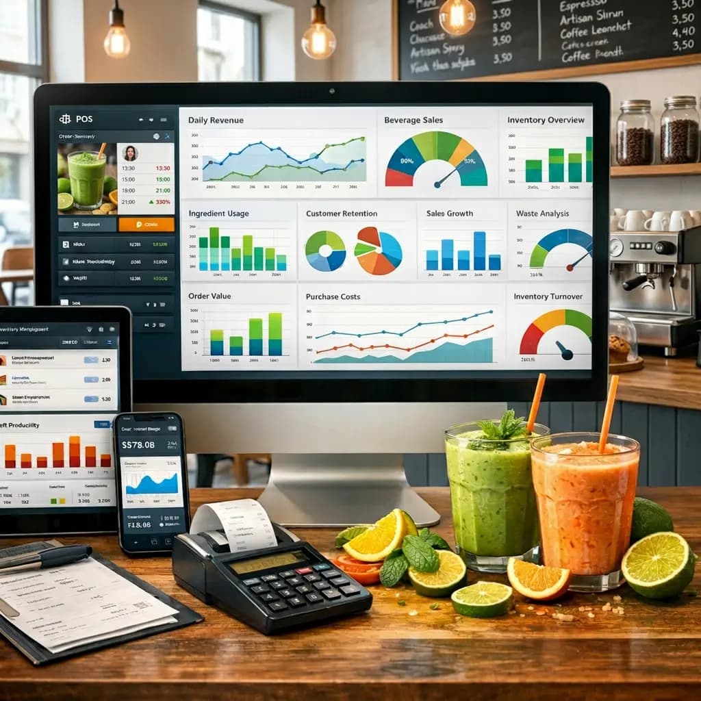 Juice Shop Management Software dashboard with POS billing, inventory management, beverage sales analytics, KPI reporting, stock control, and business performance insights