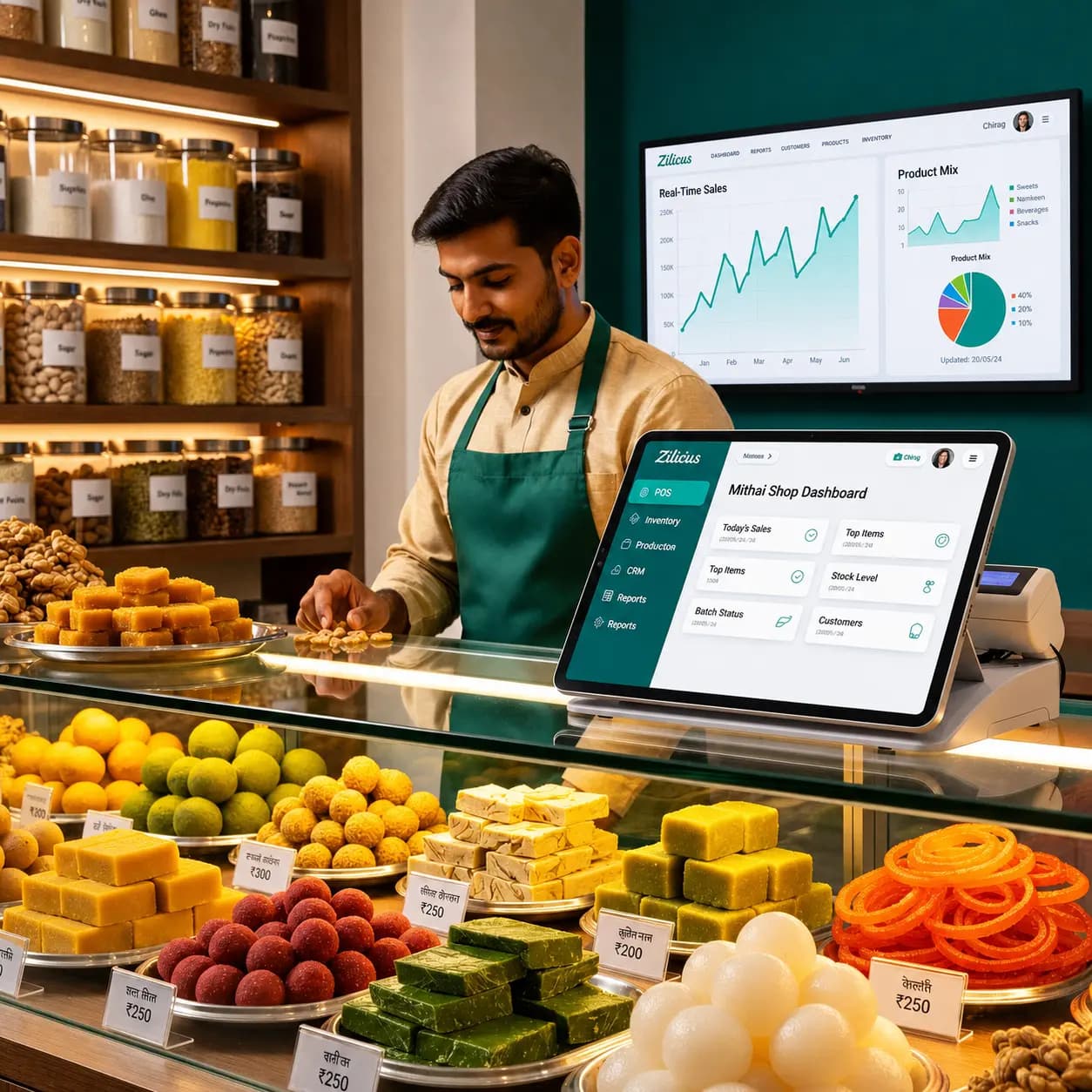 Mithai Shop Management Software dashboard with POS, finance, and inventory modules.