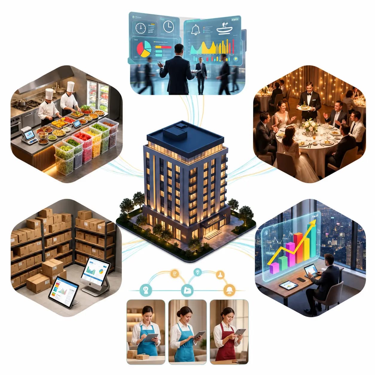Zilicius Hotel Management Software dashboard showing hotel profitability, inventory management, room service operations, banquet management and financial reporting