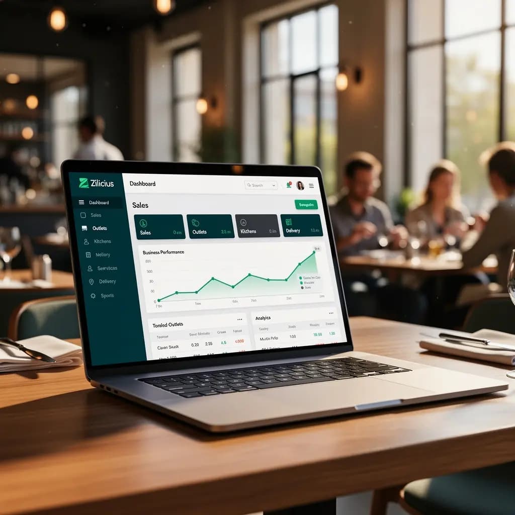Restaurant POS dashboard by Zilicius showing billing, sales reports, and order management.