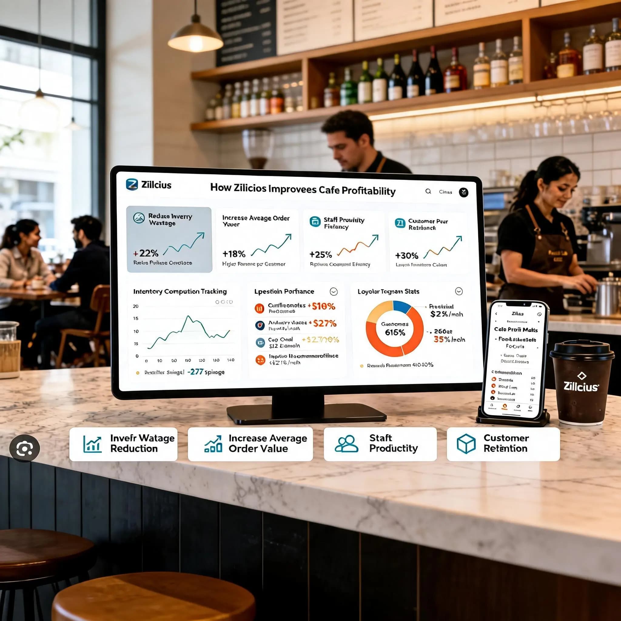 Zilicius Cafe Management Software dashboard showing cafe profitability analytics, inventory control, sales reporting and business performance insights