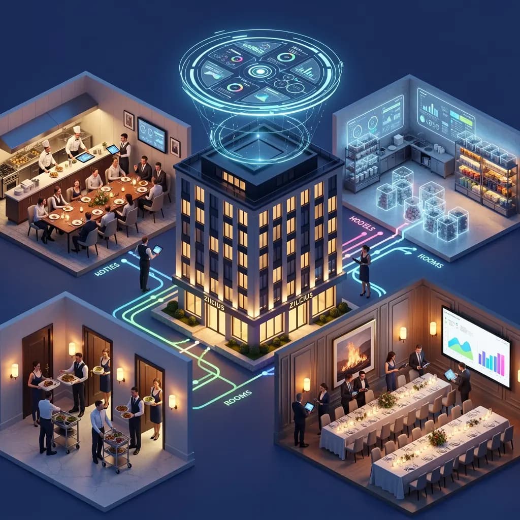 Hotel Management Software dashboard showing hotel operations, inventory management, billing analytics, guest service tracking and business performance reports