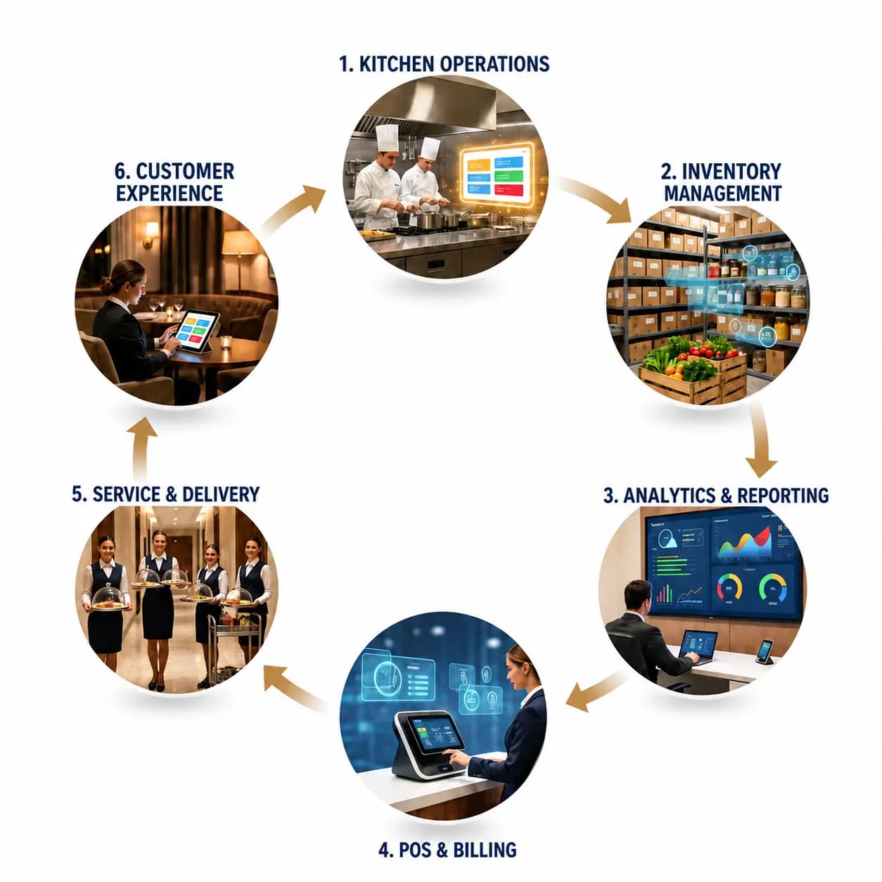 Hotel management software workflow showing guest order management, kitchen operations, inventory tracking, billing automation, room service management and business reporting