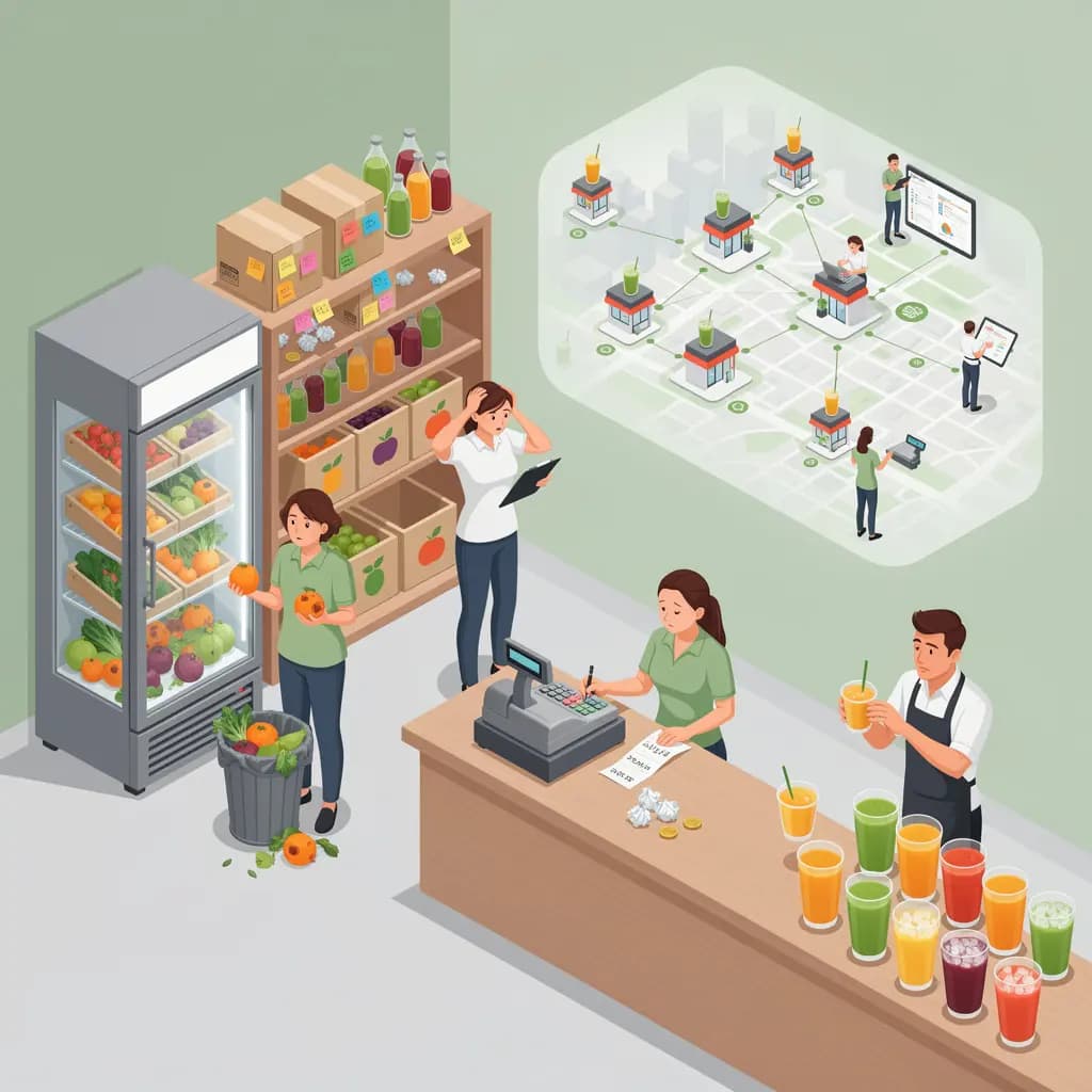 Juice shop management software dashboard showing inventory management, POS billing, beverage operations, stock control and business reporting
