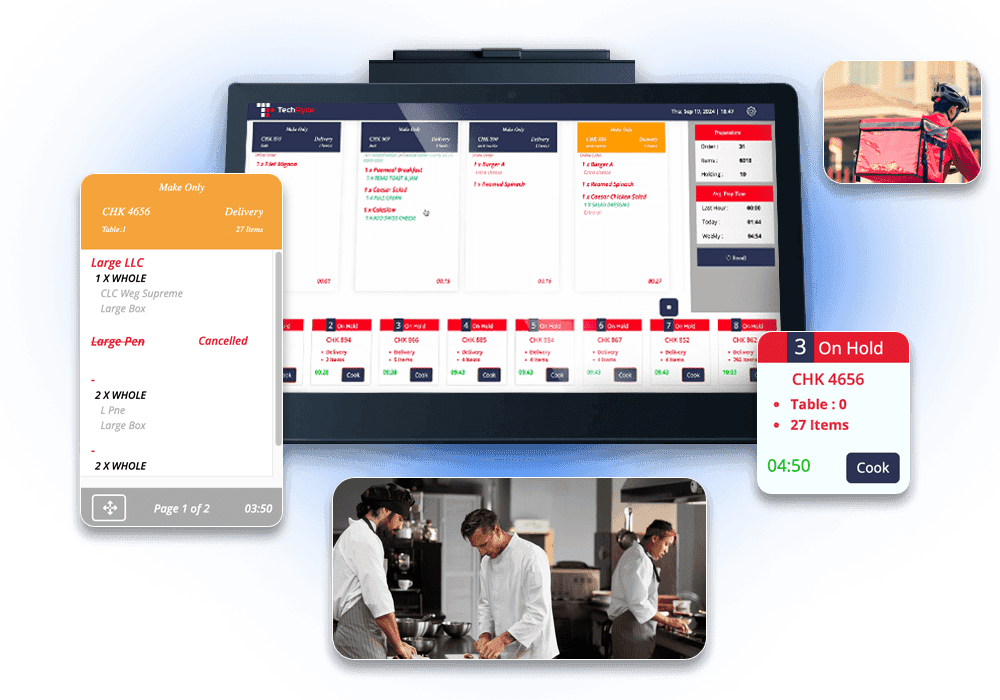 Restaurant Kitchen Display System with real-time order tracking, automated order routing, preparation monitoring, and live status updates to streamline kitchen workflows and enhance service efficiency.