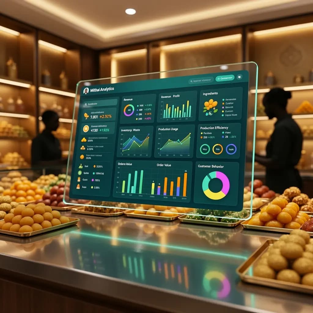 Zilicius Mithai Shop Management Software KPI dashboard showing sales, inventory, production and business analytics