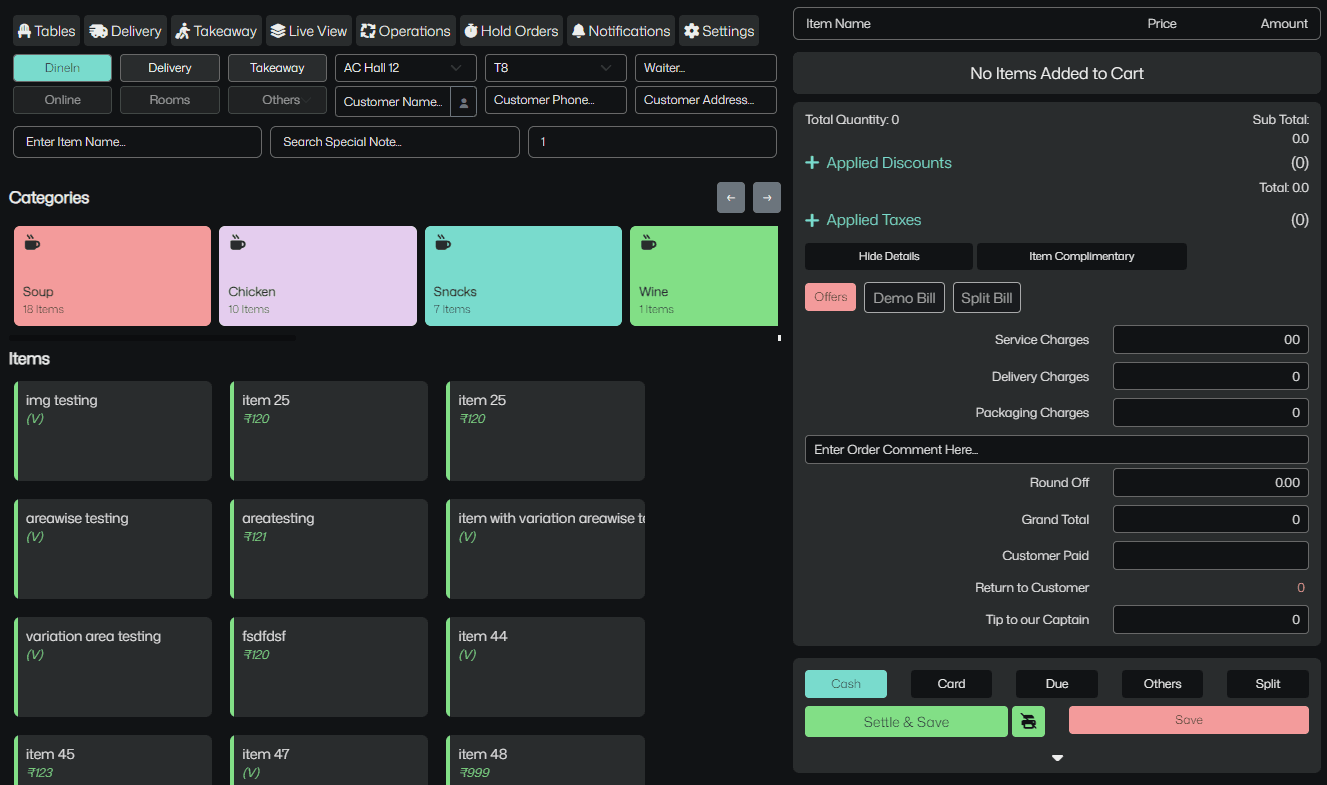 Restaurant POS dashboard showing billing, orders, analytics and inventory management system