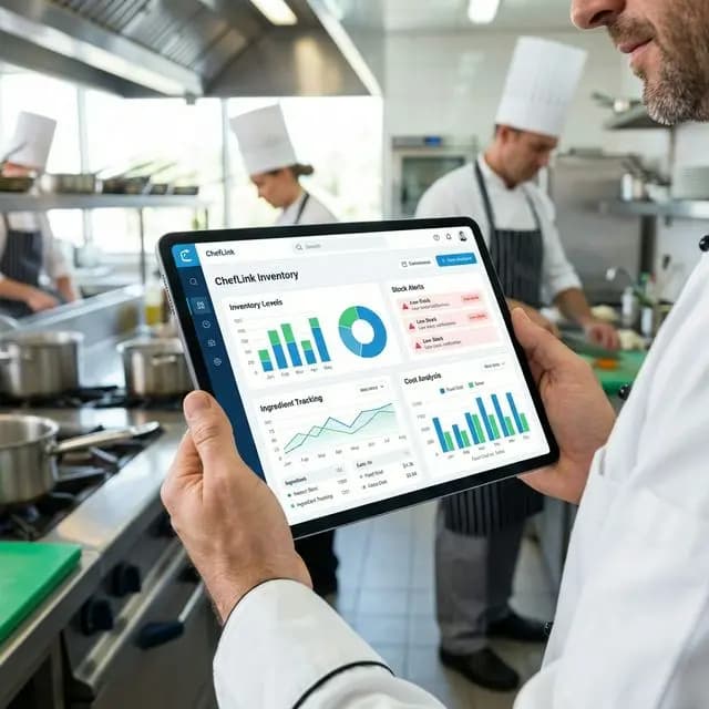 Restaurant inventory management software dashboard showing stock monitoring, ingredient tracking, supplier management, purchase orders, and inventory reports for efficient restaurant operations.