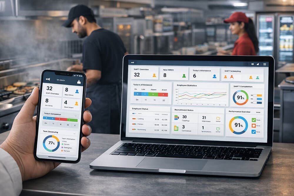 Restaurant workforce management software dashboard with payroll, attendance tracking, employee scheduling, HR analytics and POS integration