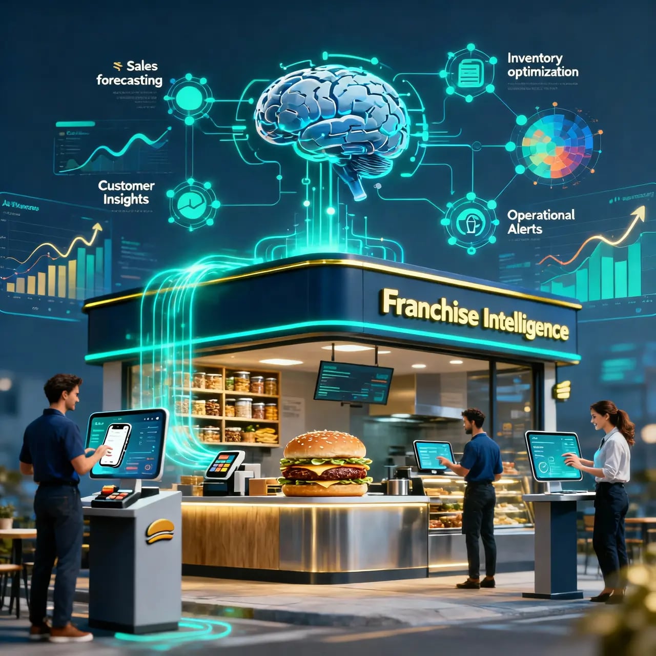 AI-powered franchise management dashboard for sales forecasting, inventory optimization, profitability analysis, and outlet performance