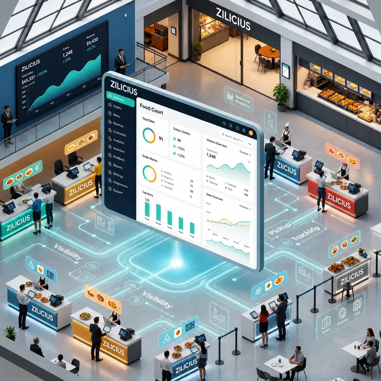 Zilicius Food Court Management Software dashboard showing vendor management, POS billing, inventory tracking, analytics and multi-vendor operations