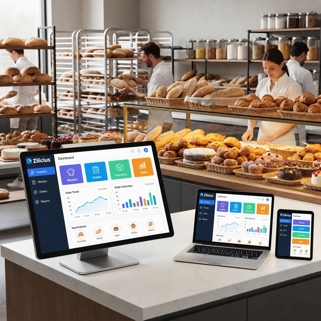 Zilicius bakery management software dashboard for inventory, production planning, orders, and business reporting