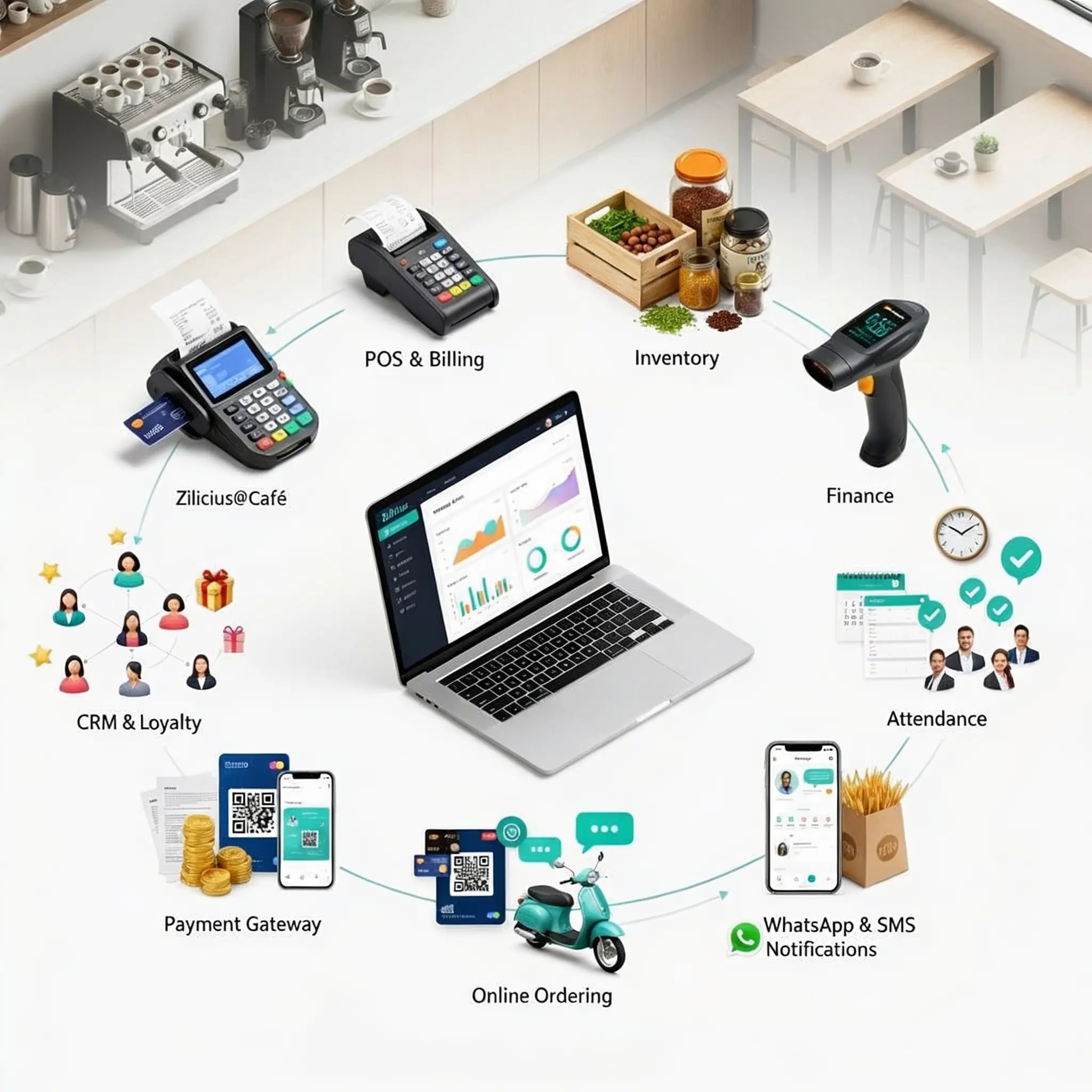 Cafe management software integrations including POS billing, inventory management, CRM, loyalty programs, payment gateways, online ordering and staff attendance