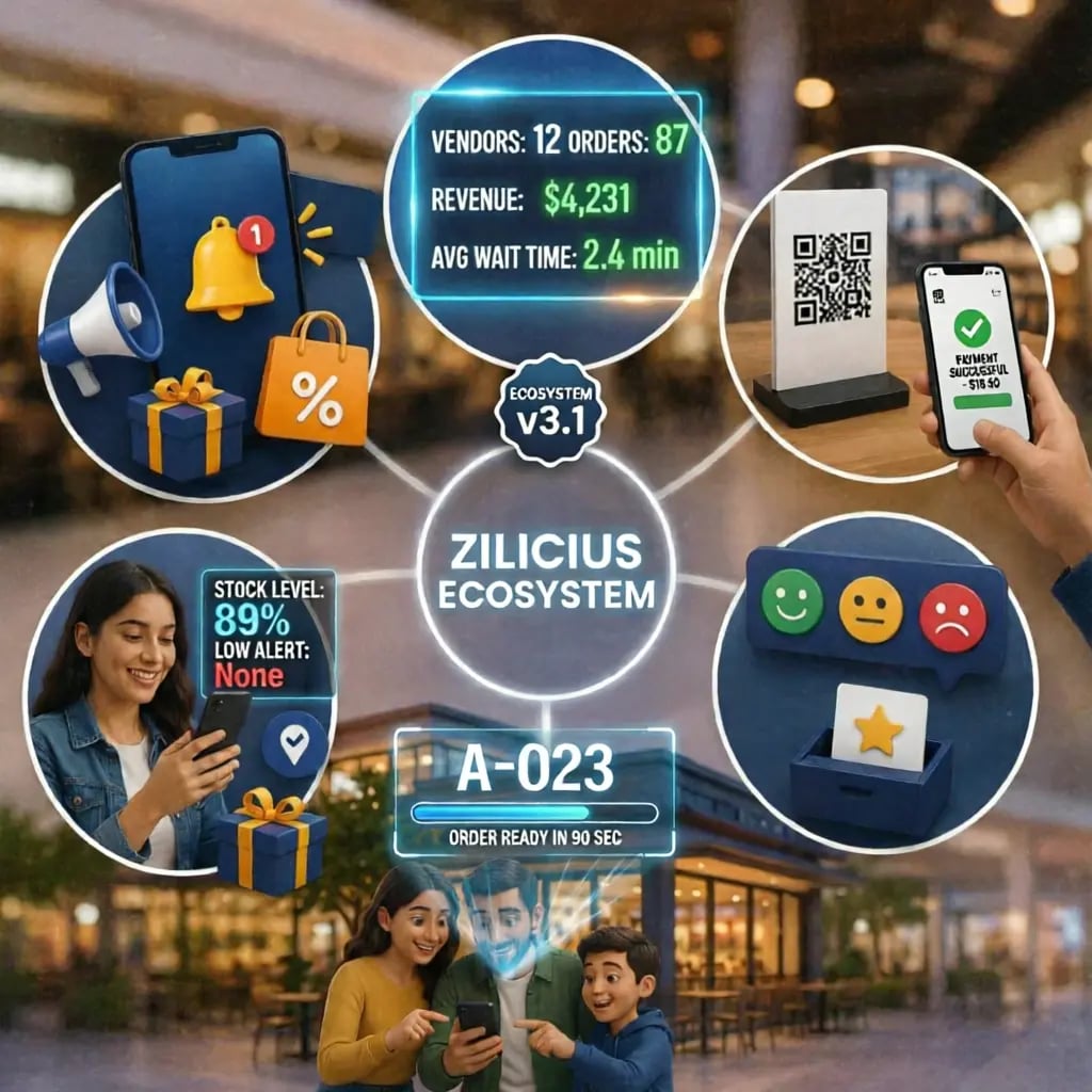 Zilicius Food Court Management Software dashboard showing vendor management, POS billing, kitchen operations, inventory management, queue management and analytics
