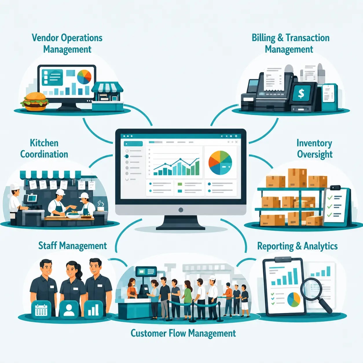 Zilicius Food Court Management Software dashboard for vendor management, POS billing, inventory control, kitchen operations, and food court analytics