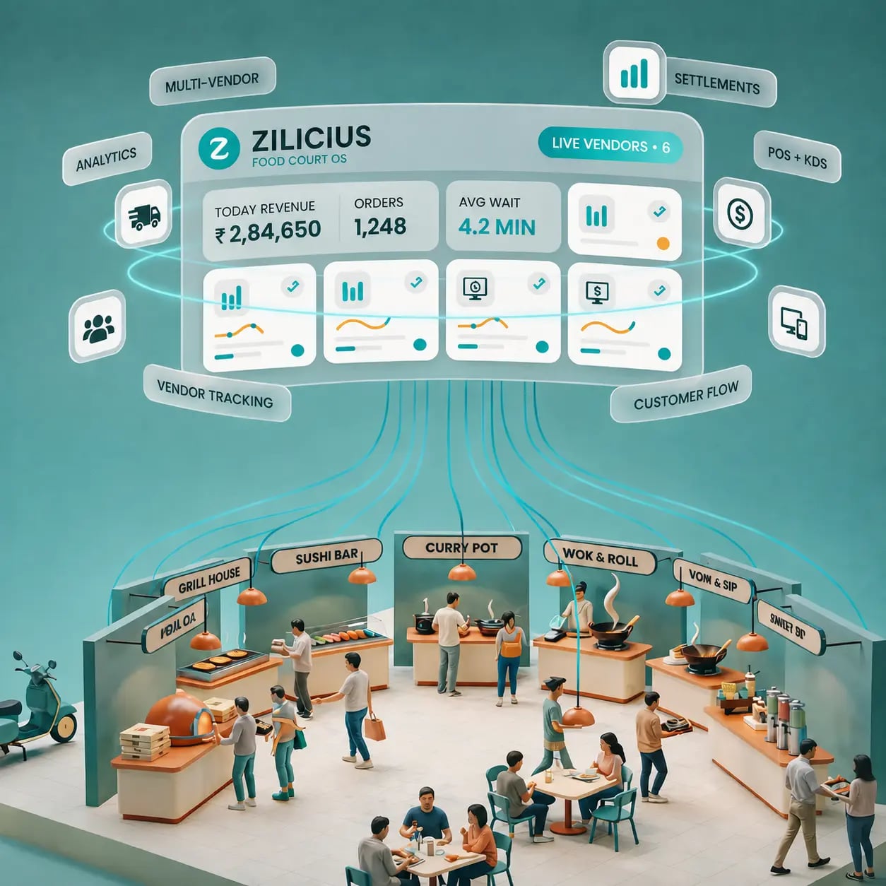 Zilicius Food Court Management Software dashboard showing multi-vendor management, food court POS, billing, inventory management, vendor settlements and business analytics