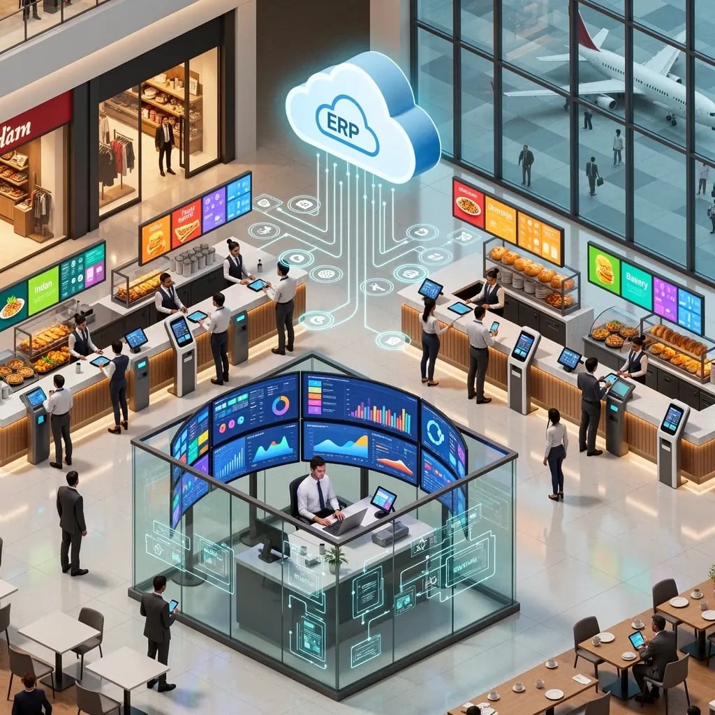 Zilicius Food Court management software dashboard showing POS billing, inventory management, customer loyalty programs, sales reporting and multi outlet management