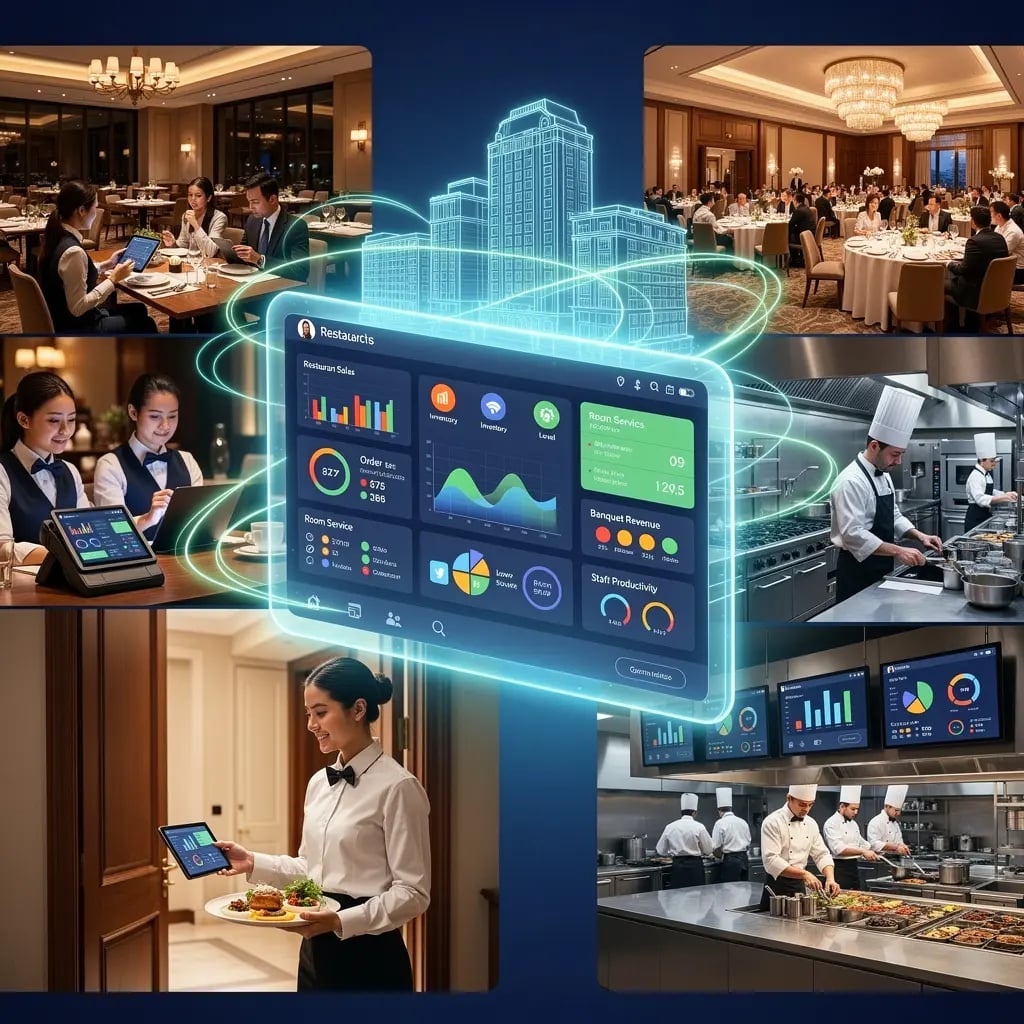 Zilicius hotel management software dashboard for restaurant management, room service, banquet operations, inventory control and hospitality reporting