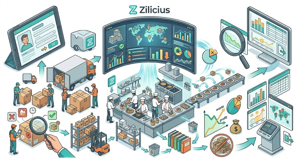 Zilicius AI-Based Inventory Management System displaying real-time stock levels, ingredient consumption, inventory tracking, purchase management, and low-stock alerts to help restaurants reduce waste, control costs, and maintain optimal inventory levels.