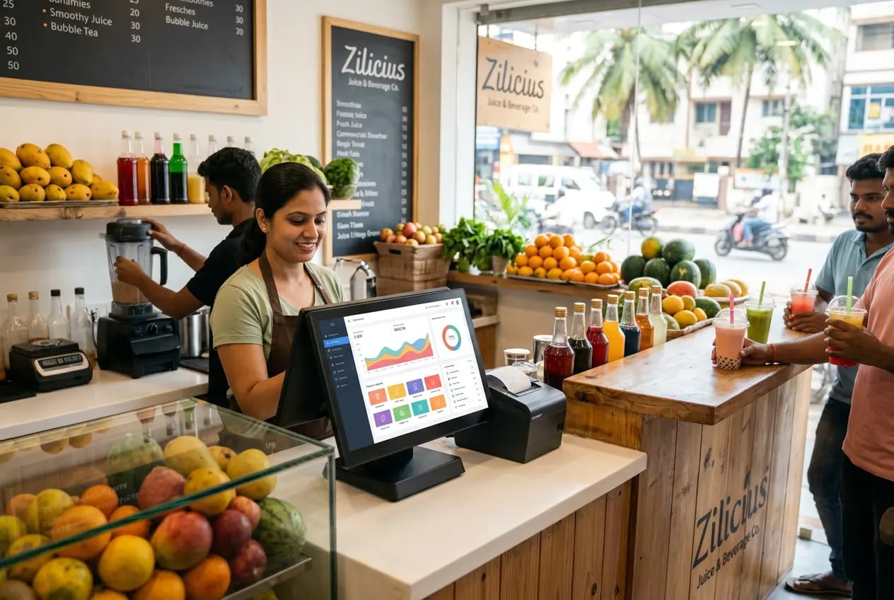 Zilicius Juice Shop Management Software dashboard for inventory management, POS billing, beverage operations and business reporting in India