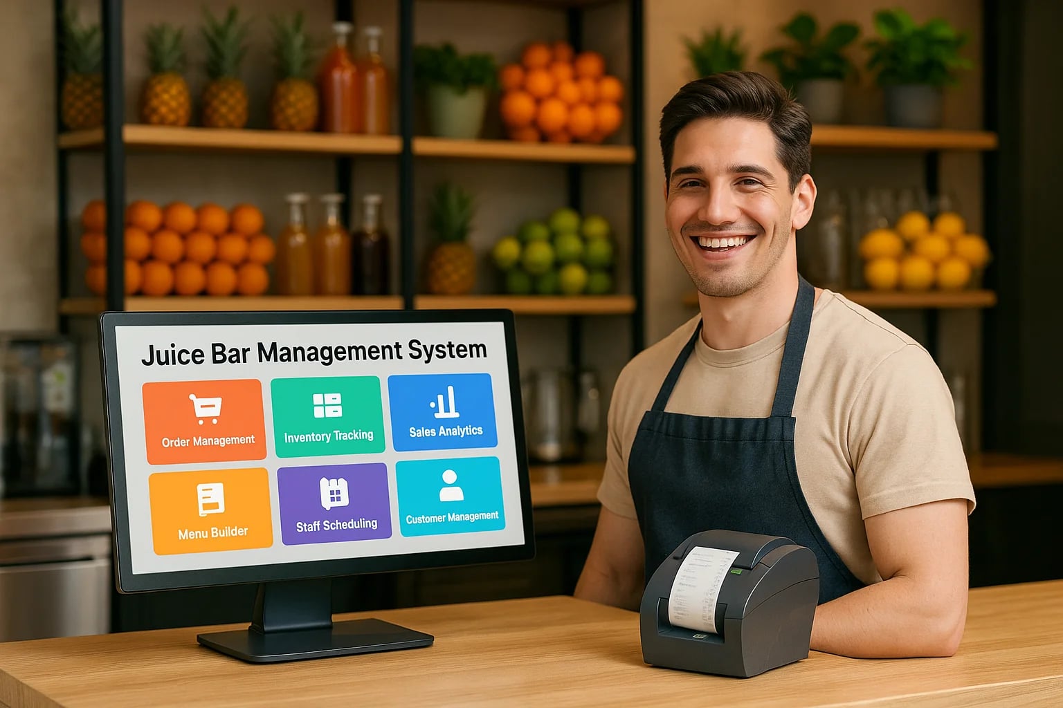 Juice Bar & Beverage Shop Management Software dashboard showing POS billing, inventory management, recipe management, sales analytics and business operations