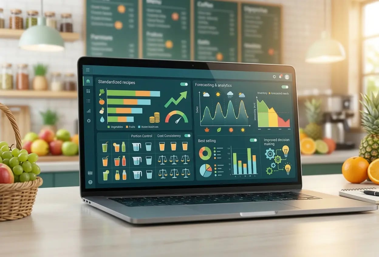 Juice Bar & Beverage Shop Management Software dashboard showing POS billing, inventory management, recipe management, sales analytics and business operations