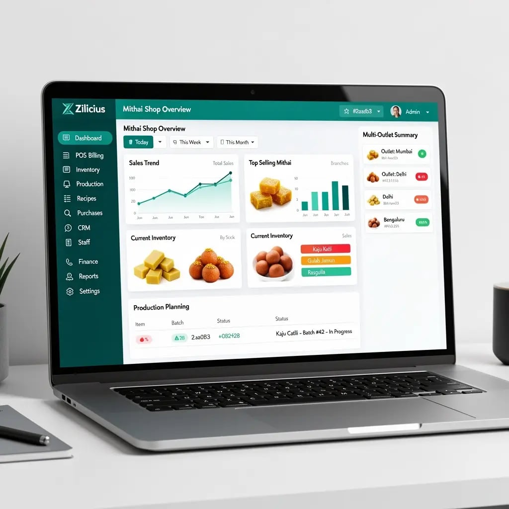 Zilicius Mithai Shop Management Software dashboard for POS, ERP, inventory, production planning, billing, CRM, and multi-outlet sweet shop management