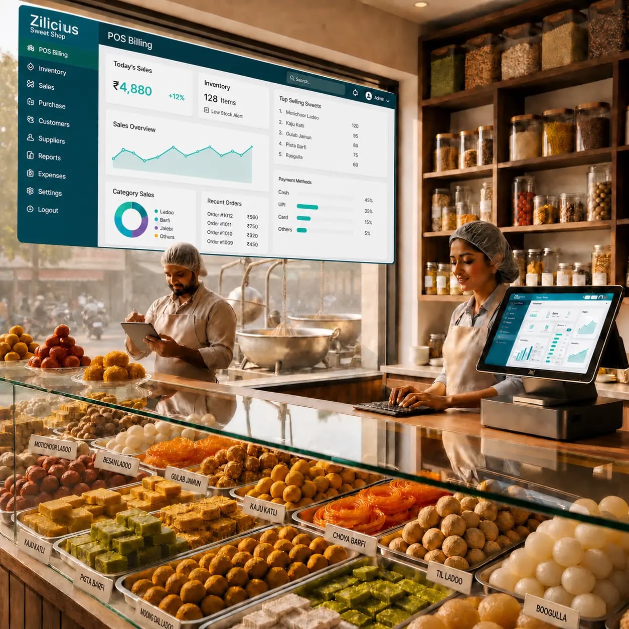 Cloud-based Mithai Shop Management Software with POS and inventory tracking.