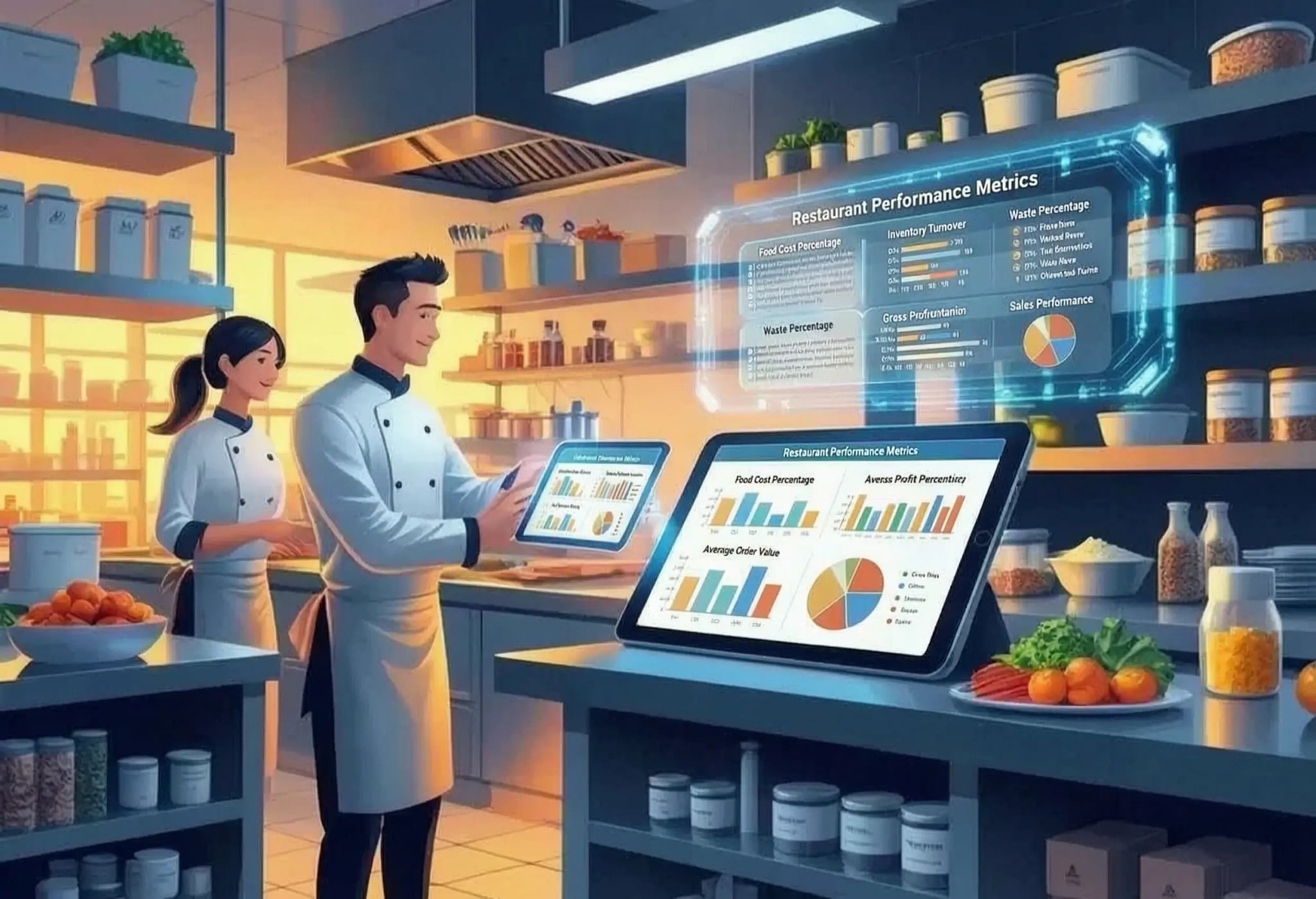 Restaurant dashboard showing key metrics like food cost percentage, inventory turnover, waste percentage, average order value, gross profit margin and sales performance