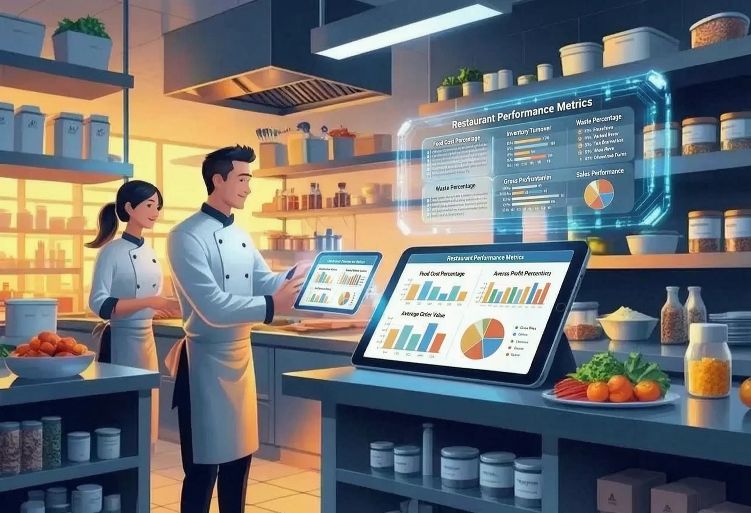Restaurant dashboard showing key metrics like food cost percentage, inventory turnover, waste percentage, average order value, gross profit margin and sales performance