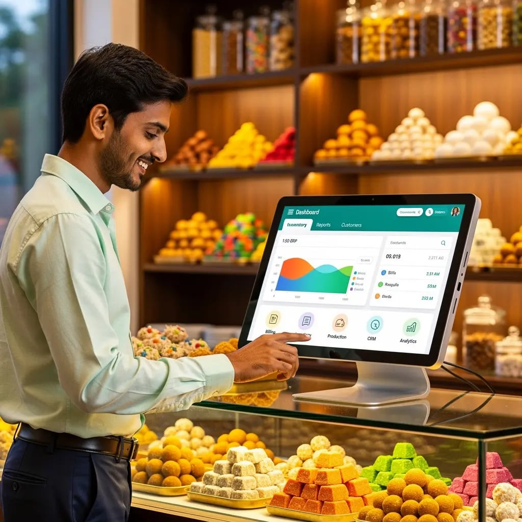 Zilicius Mithai Shop Management Software with POS billing, inventory management, GST billing, sales reports, and customer management for sweet shops.