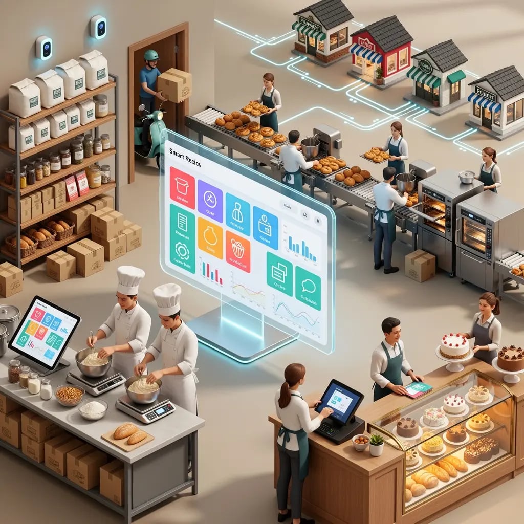 Zilicius bakery management software dashboard for inventory, recipes, production planning, orders, billing, and multi-outlet operations