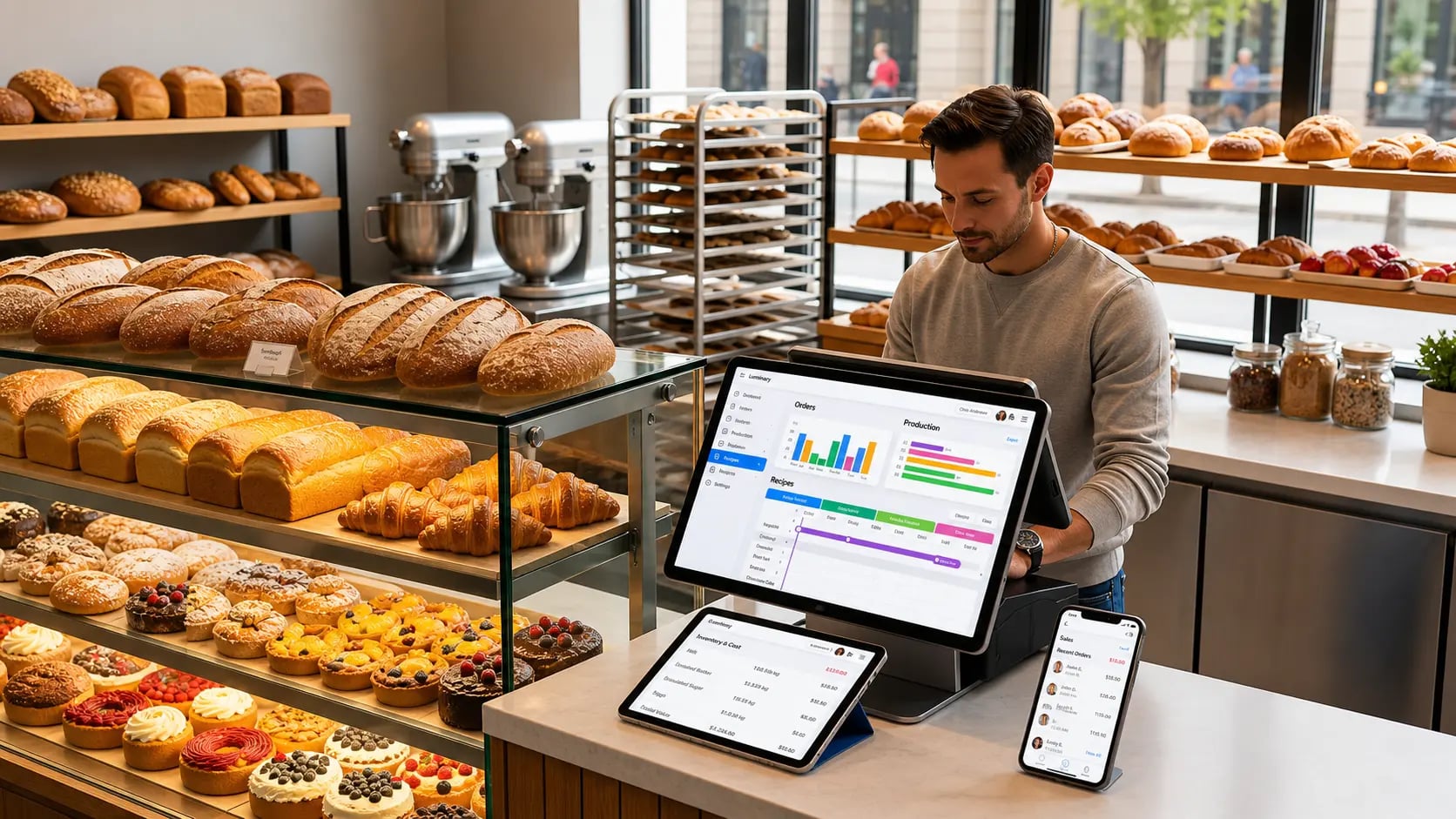 Zilicius Bakery Management Software helping bakeries manage POS billing, inventory, production planning, online orders, customer management, employee scheduling, and sales analytics through a centralized cloud-based platform.