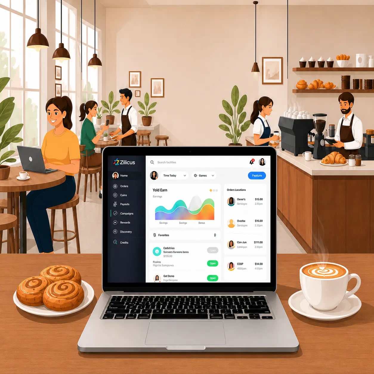 Cafe management software dashboard showing POS billing, inventory management, customer loyalty, reporting analytics and multi outlet cafe operations