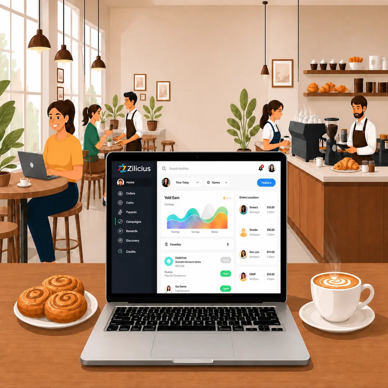 Cafe management software dashboard showing POS billing, inventory management, customer loyalty, reporting analytics and multi outlet cafe operations
