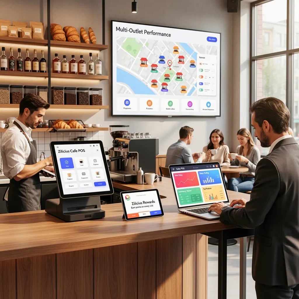 Zilicius cafe management software dashboard showing POS billing, inventory management, customer loyalty programs, sales reporting and multi outlet management