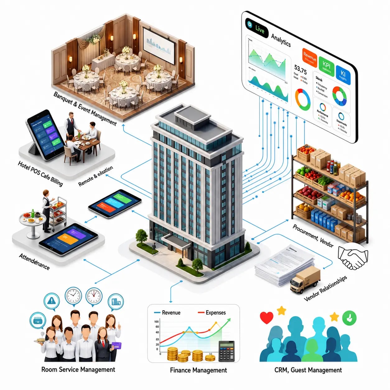 Enterprise hotel management software dashboard showing hotel POS, room service management, inventory tracking, payroll, finance management and analytics