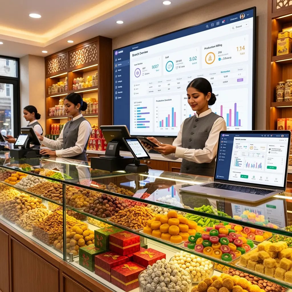 Sweet shop management system for order processing, billing, and stock tracking.