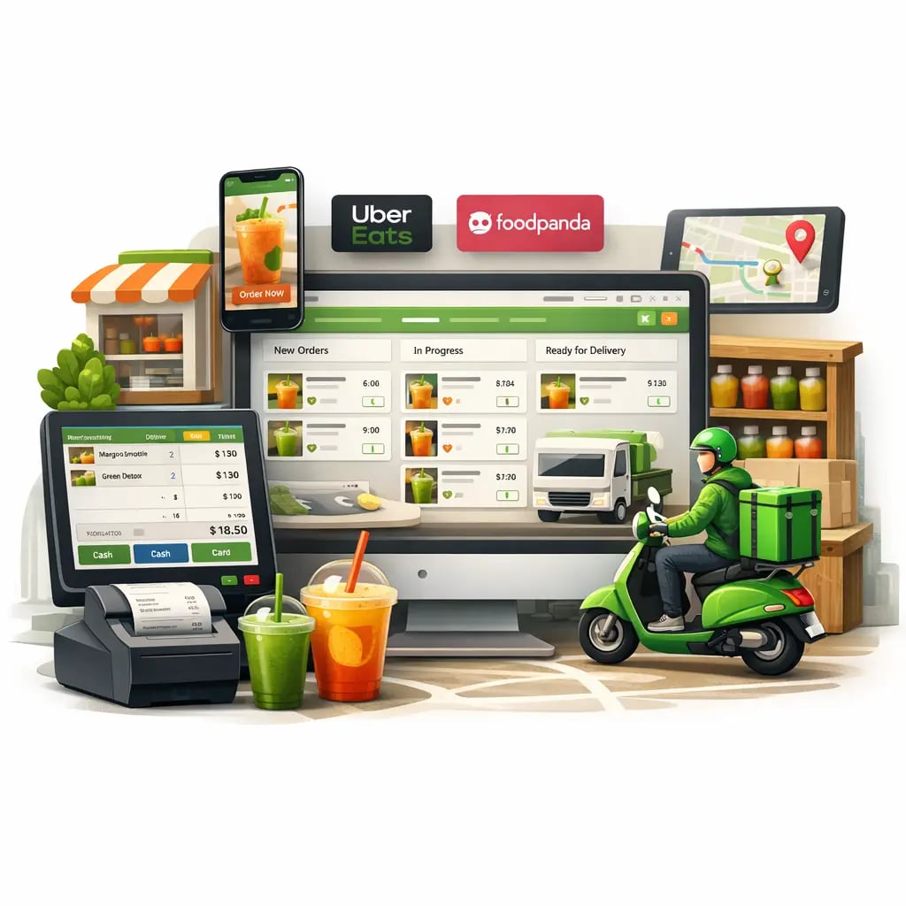 Online ordering and delivery management software dashboard for juice shops with POS billing, order processing and delivery management