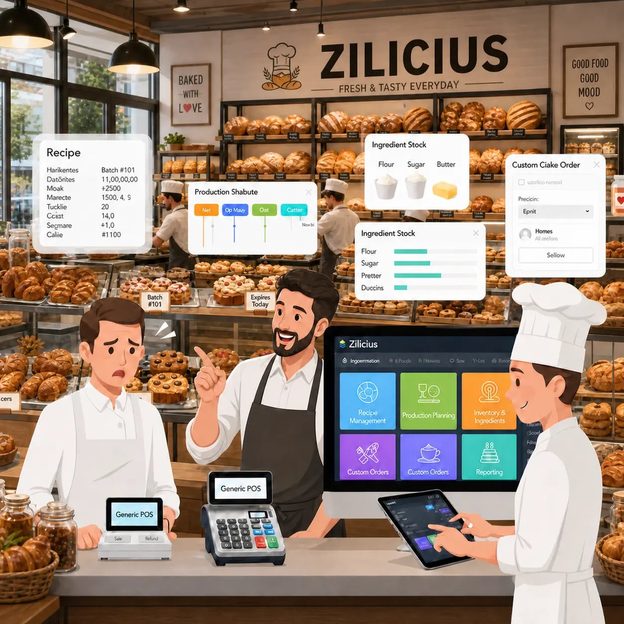 Zilicius specialized bakery management software for POS, inventory, production tracking, and reporting