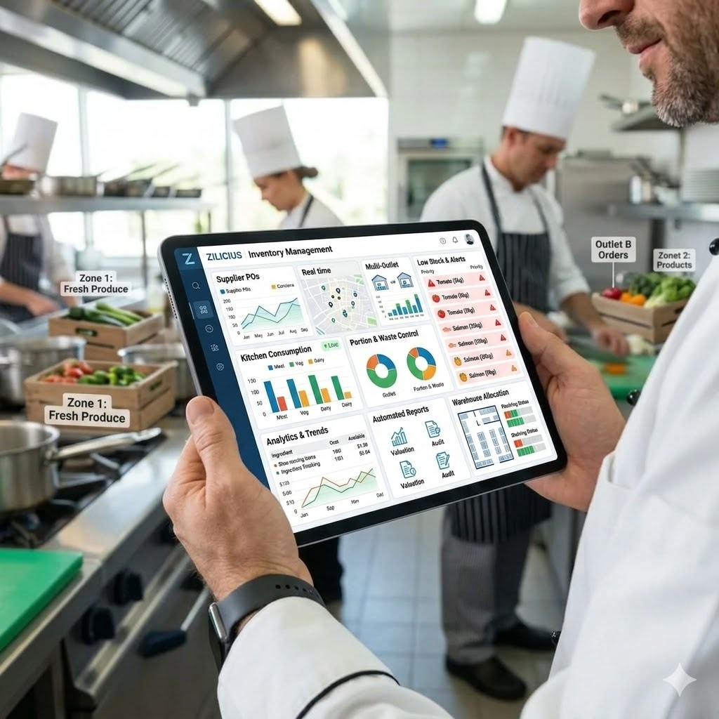 Restaurant inventory management software dashboard for business growth and multi outlet inventory tracking
