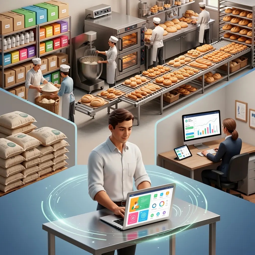 Bakery ERP software dashboard for inventory, production, billing, finance, and reporting