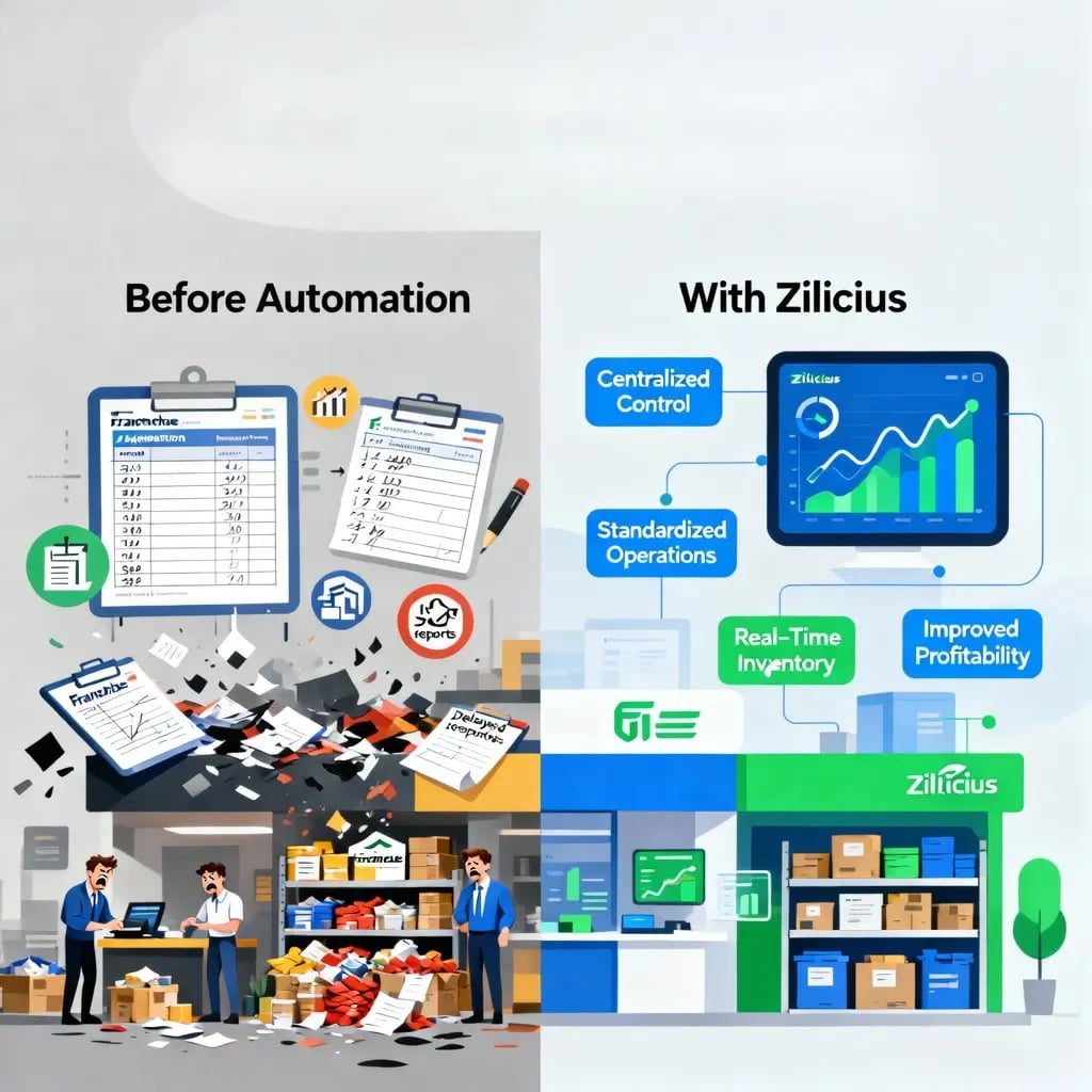 Zilicius franchise management software dashboard showing automated reporting, inventory visibility, and outlet performance