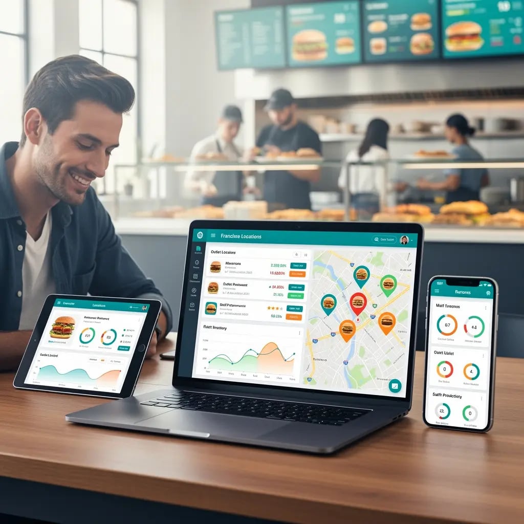 Zilicius franchise management software dashboard showing multi-outlet control, centralized reporting, and restaurant chain operations