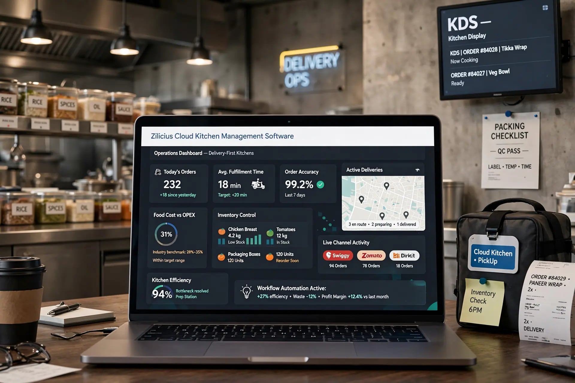 Zilicius cloud kitchen management software dashboard showing POS billing, inventory management, customer loyalty programs, sales reporting and multi outlet management