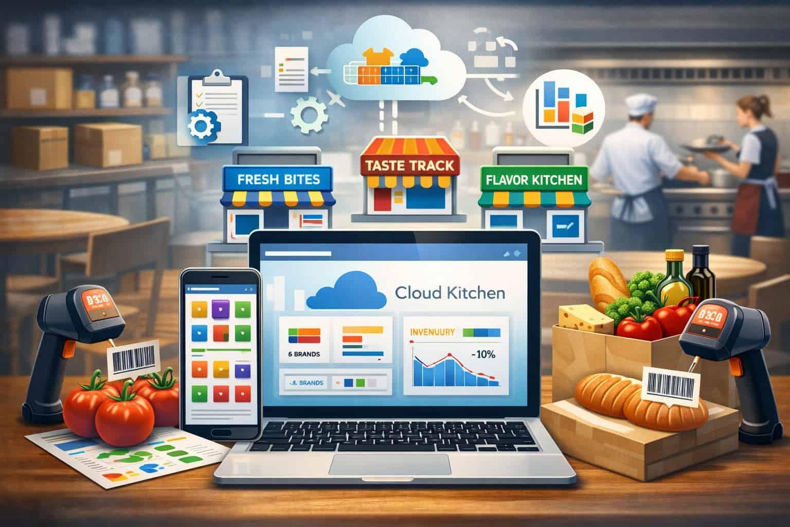 Zilicius cloud kitchen management software dashboard showing POS billing, inventory management, customer loyalty programs, sales reporting and multi outlet management